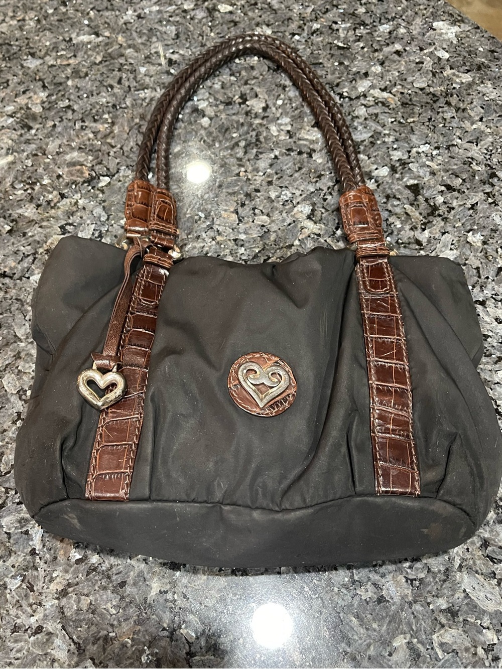 Brighton Black Nylon Purse with Brown Croc-Trim Leather Heart Accent